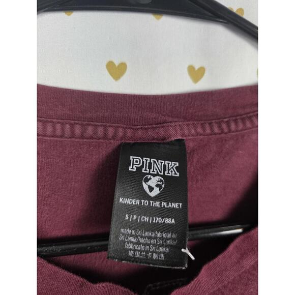 Victorias Secret PINK Maroon BLING Dog Logo Tee Shirt Pocket Silver Sequins SM - Picture 4 of 5